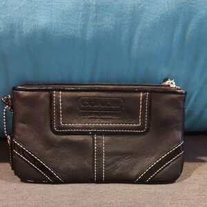 Coach Black Leather Wristlet with Contrast Stitching